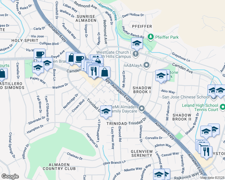 map of restaurants, bars, coffee shops, grocery stores, and more near 6609 Folklore Court in San Jose