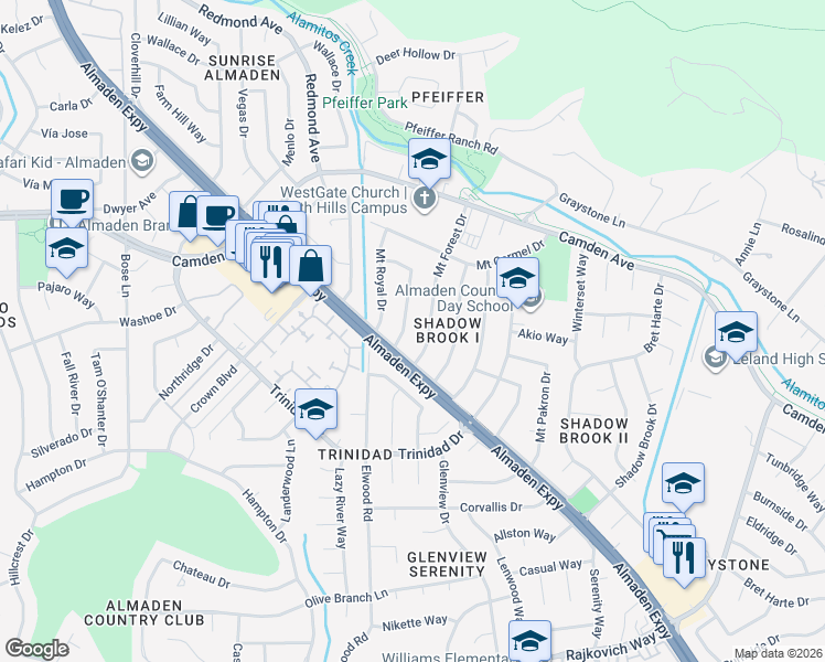 map of restaurants, bars, coffee shops, grocery stores, and more near 6686 Mount Forest Drive in San Jose