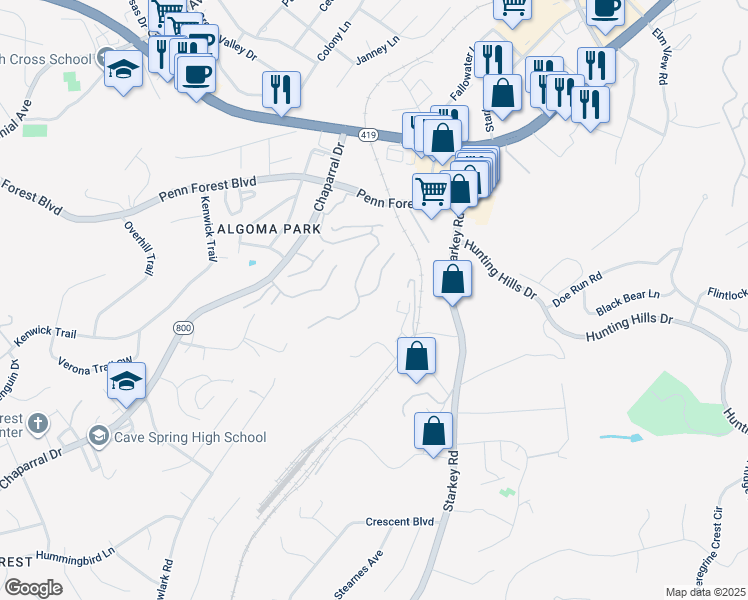 map of restaurants, bars, coffee shops, grocery stores, and more near 3413 Londonderry Court in Cave Spring