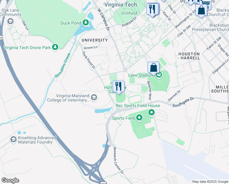 map of restaurants, bars, coffee shops, grocery stores, and more near 260 Duck Pond Drive in Blacksburg