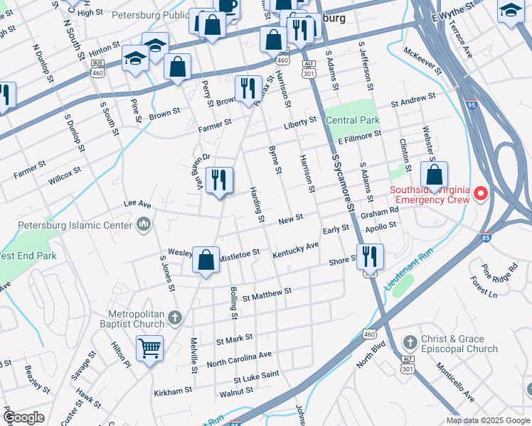 map of restaurants, bars, coffee shops, grocery stores, and more near 6 Ross Court in Petersburg