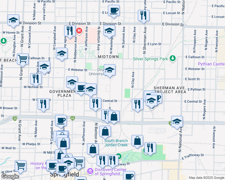 map of restaurants, bars, coffee shops, grocery stores, and more near in Springfield