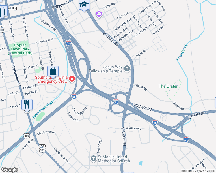 map of restaurants, bars, coffee shops, grocery stores, and more near 536 Bellevue Avenue in Petersburg