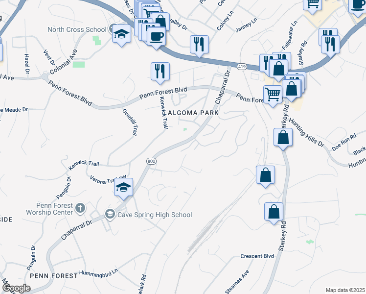 map of restaurants, bars, coffee shops, grocery stores, and more near 3386 Kelly Lane Extension in Cave Spring