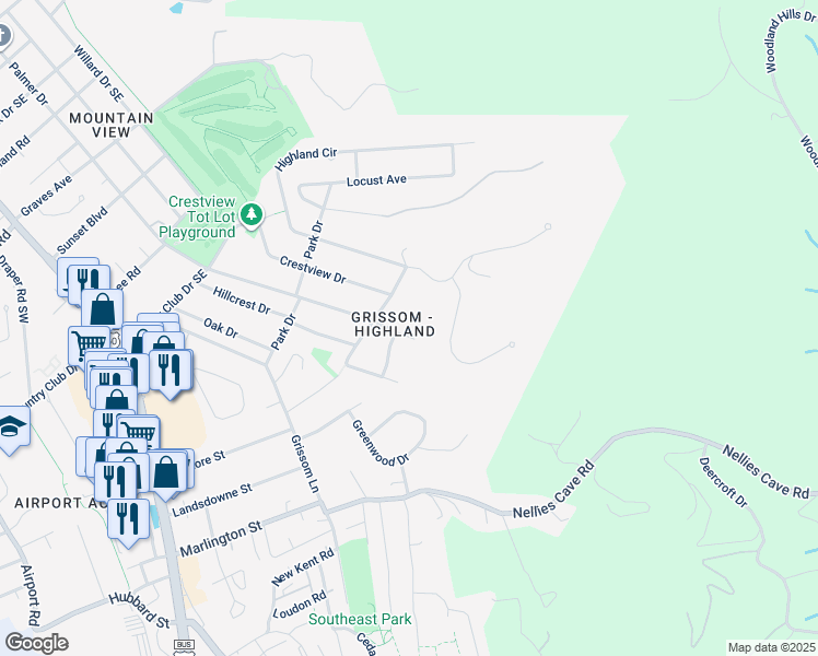 map of restaurants, bars, coffee shops, grocery stores, and more near 1505 Palmer Drive in Blacksburg