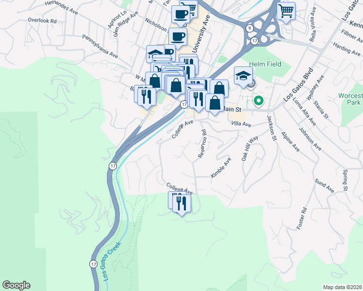 map of restaurants, bars, coffee shops, grocery stores, and more near 110 Reservoir Road in Los Gatos