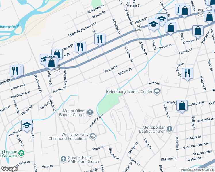 map of restaurants, bars, coffee shops, grocery stores, and more near 1138 Stainback Street in Petersburg