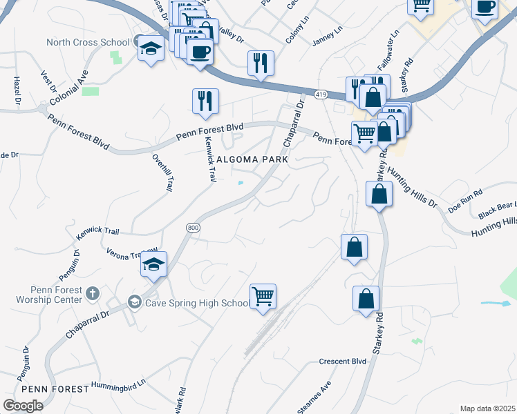 map of restaurants, bars, coffee shops, grocery stores, and more near 3406 Kim Court in Cave Spring