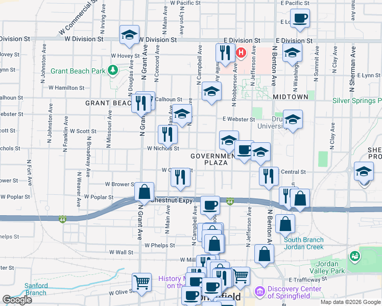 map of restaurants, bars, coffee shops, grocery stores, and more near 917 North Campbell Avenue in Springfield