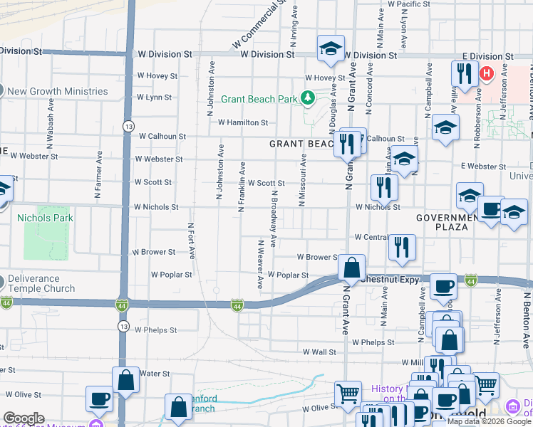 map of restaurants, bars, coffee shops, grocery stores, and more near 915 North Broadway Avenue in Springfield