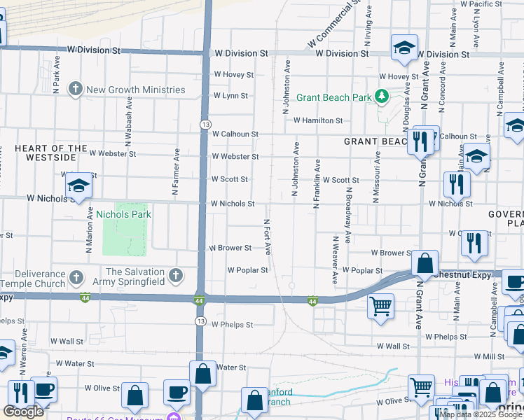 map of restaurants, bars, coffee shops, grocery stores, and more near 1321 West Central Street in Springfield