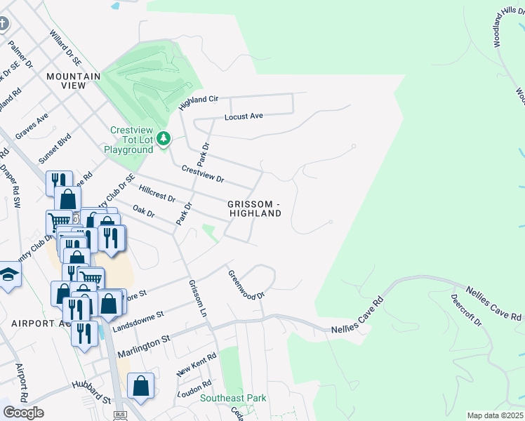 map of restaurants, bars, coffee shops, grocery stores, and more near 1505 Palmer Drive in Blacksburg