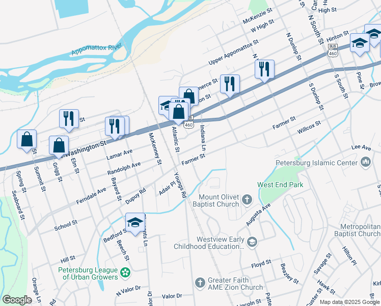 map of restaurants, bars, coffee shops, grocery stores, and more near 1436 Ferndale Avenue in Petersburg