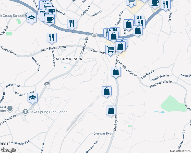 map of restaurants, bars, coffee shops, grocery stores, and more near 3413 Londonderry Court in Cave Spring