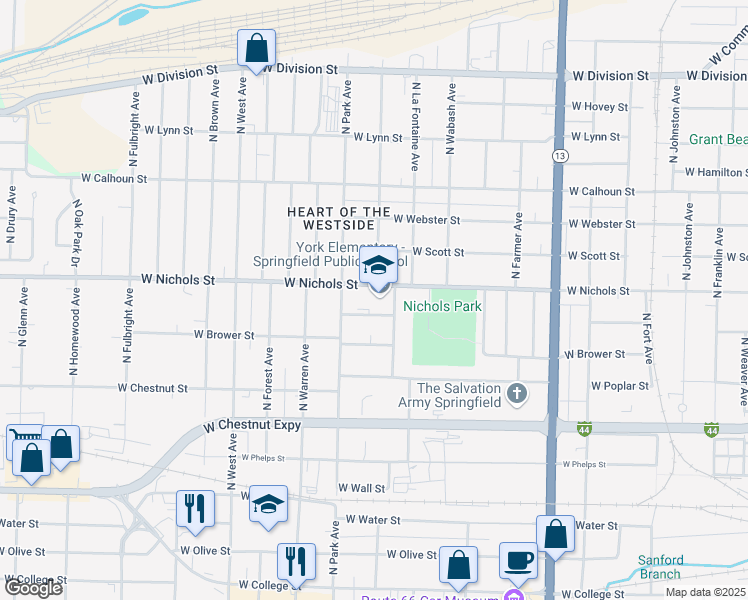 map of restaurants, bars, coffee shops, grocery stores, and more near 2100 West Nichols Street in Springfield