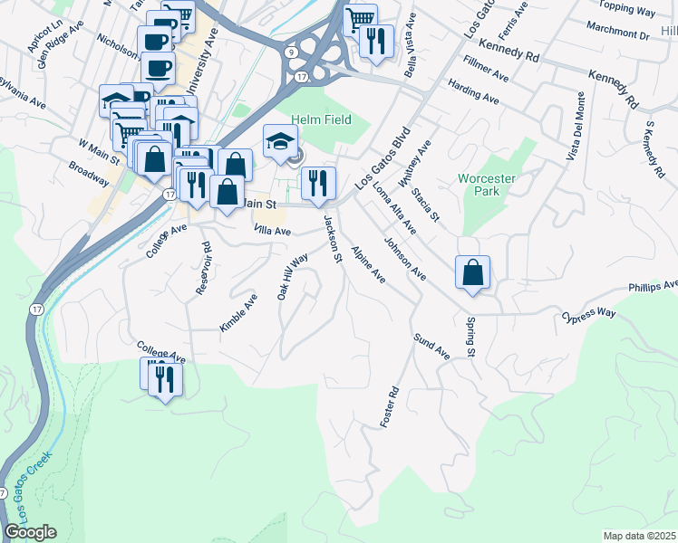 map of restaurants, bars, coffee shops, grocery stores, and more near 52 Jackson Street in Los Gatos