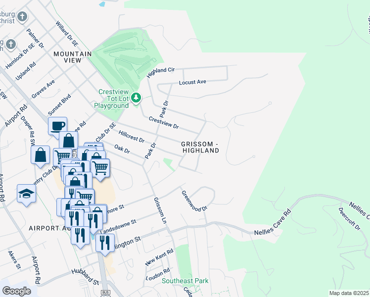 map of restaurants, bars, coffee shops, grocery stores, and more near 1416 Palmer Drive in Blacksburg
