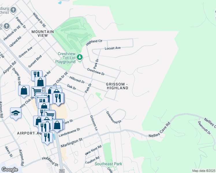 map of restaurants, bars, coffee shops, grocery stores, and more near 1416 Palmer Drive in Blacksburg