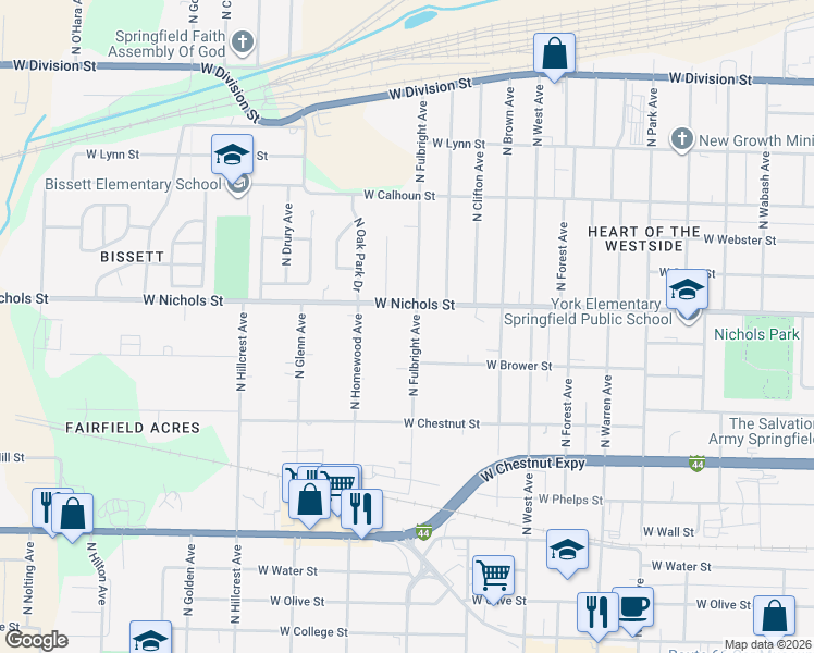 map of restaurants, bars, coffee shops, grocery stores, and more near 812 North Fulbright Avenue in Springfield