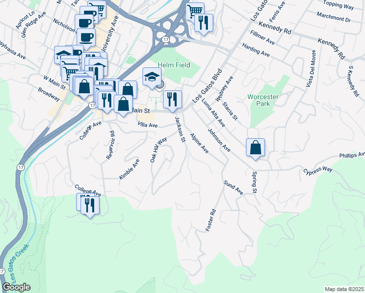 map of restaurants, bars, coffee shops, grocery stores, and more near 52 Jackson Street in Los Gatos