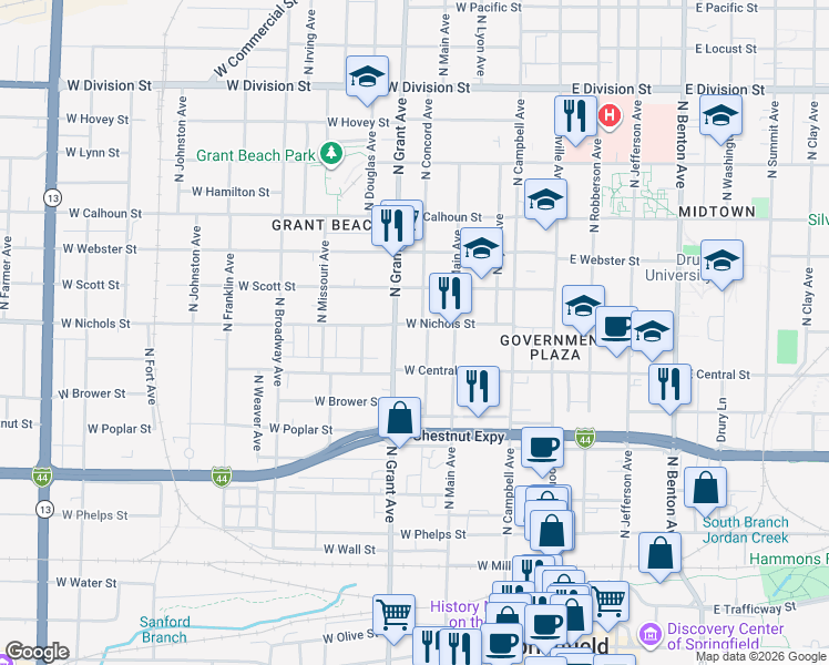 map of restaurants, bars, coffee shops, grocery stores, and more near 914 North Grant Avenue in Springfield