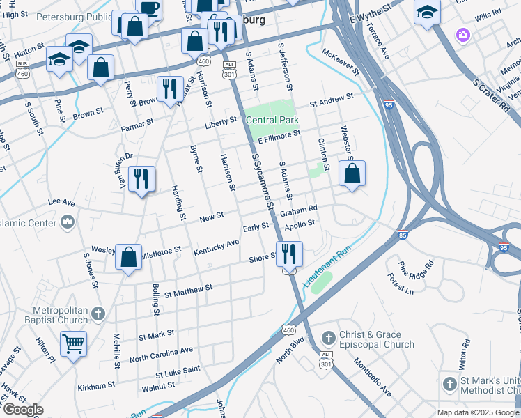 map of restaurants, bars, coffee shops, grocery stores, and more near 628 South Sycamore Street in Petersburg