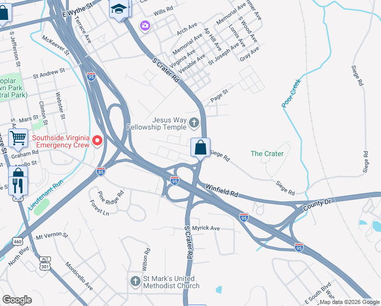 map of restaurants, bars, coffee shops, grocery stores, and more near 701 South Crater Road in Petersburg