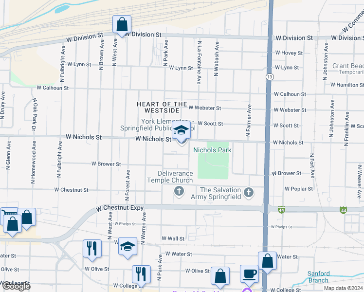 map of restaurants, bars, coffee shops, grocery stores, and more near 2100 West Nichols Street in Springfield