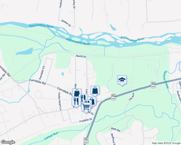 map of restaurants, bars, coffee shops, grocery stores, and more near 3941 Lee Boulevard in Petersburg