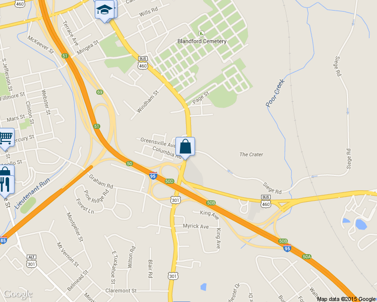 map of restaurants, bars, coffee shops, grocery stores, and more near 701 S Crater Rd in Petersburg