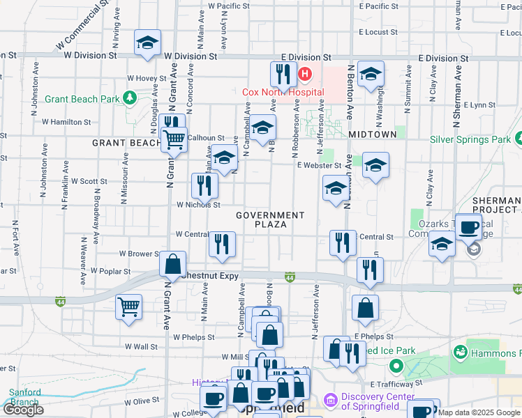 map of restaurants, bars, coffee shops, grocery stores, and more near 917 N Boonville Ave in Springfield