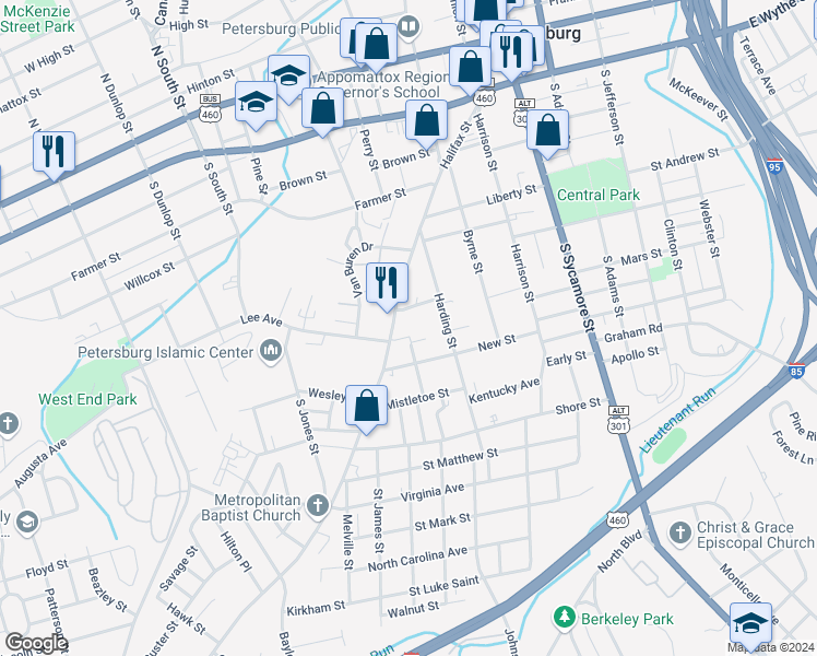 map of restaurants, bars, coffee shops, grocery stores, and more near 540 Halifax Street in Petersburg