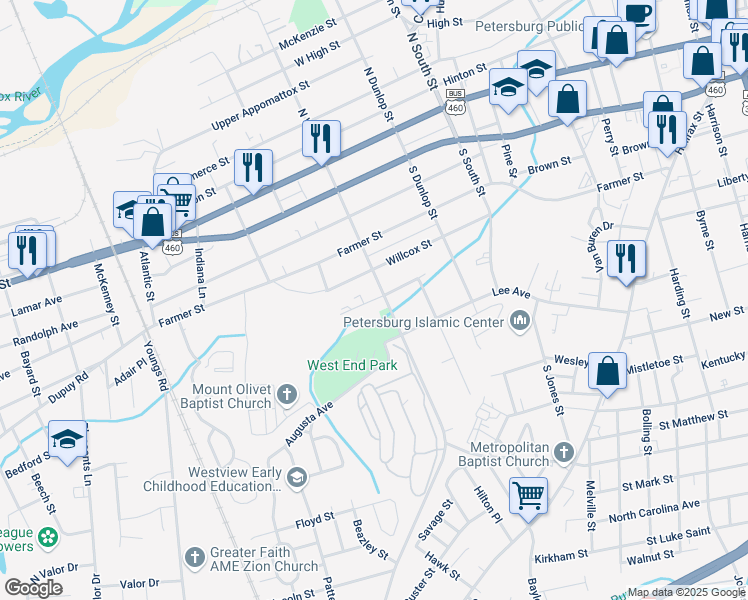 map of restaurants, bars, coffee shops, grocery stores, and more near 517 South West Street in Petersburg