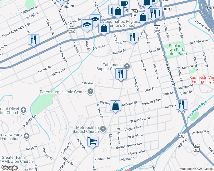 map of restaurants, bars, coffee shops, grocery stores, and more near 609 Carter Street in Petersburg