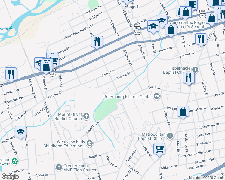 map of restaurants, bars, coffee shops, grocery stores, and more near 517 South West Street in Petersburg