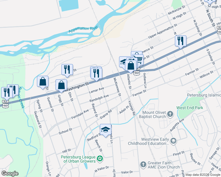 map of restaurants, bars, coffee shops, grocery stores, and more near 73 Grayson Street in Petersburg