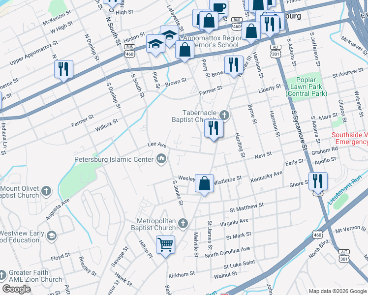 map of restaurants, bars, coffee shops, grocery stores, and more near 609 Carter Street in Petersburg