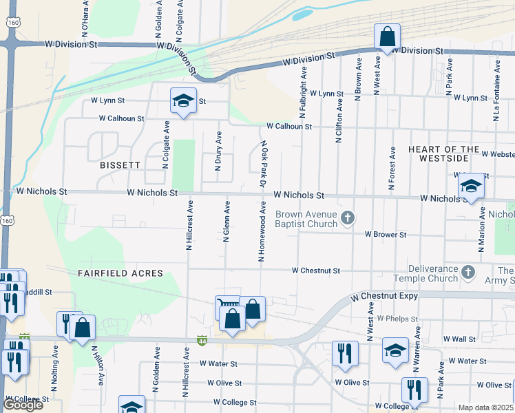 map of restaurants, bars, coffee shops, grocery stores, and more near 925 North Homewood Avenue in Springfield
