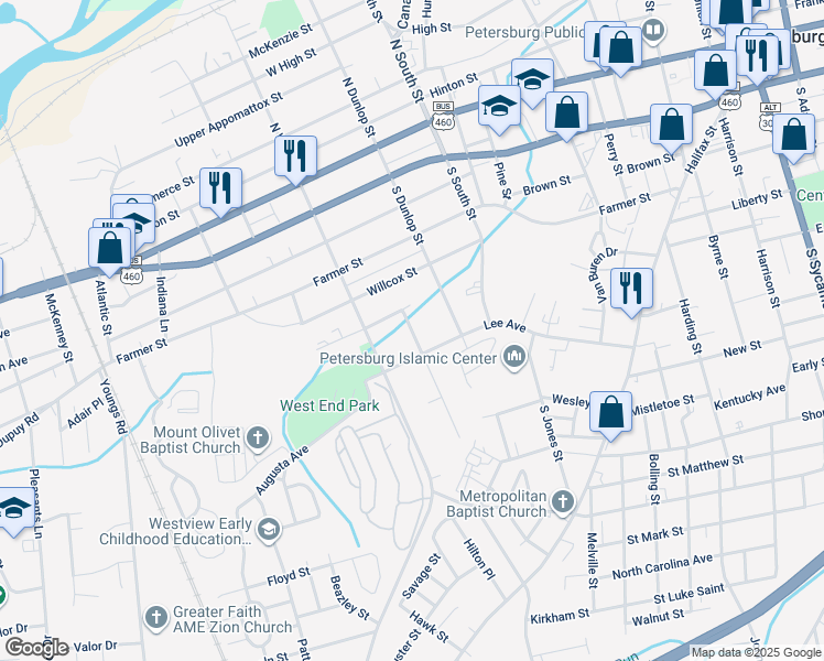 map of restaurants, bars, coffee shops, grocery stores, and more near 916 Stainback Street in Petersburg