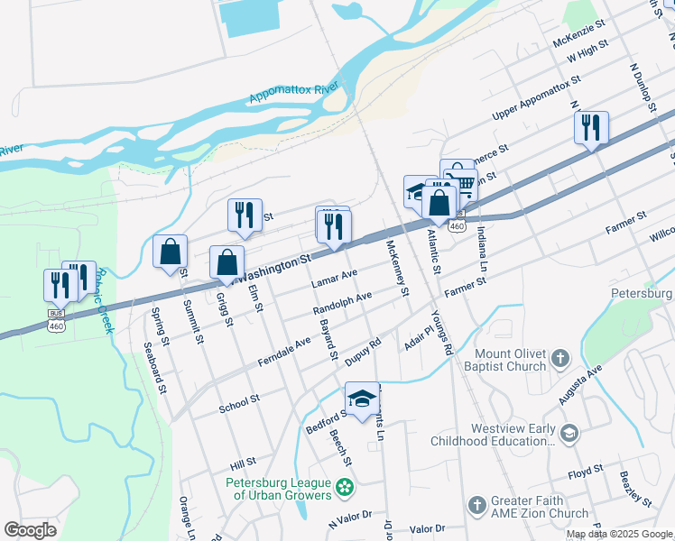 map of restaurants, bars, coffee shops, grocery stores, and more near 1714 West Washington Street in Petersburg