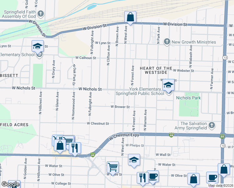 map of restaurants, bars, coffee shops, grocery stores, and more near 2535 West Nichols Street in Springfield
