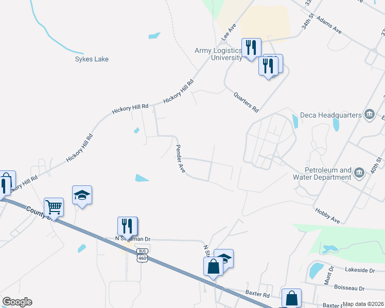 map of restaurants, bars, coffee shops, grocery stores, and more near 1800 Pender Avenue in Petersburg
