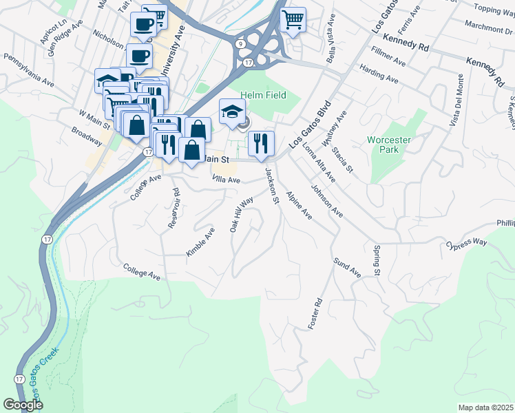 map of restaurants, bars, coffee shops, grocery stores, and more near 25 Grove Street in Los Gatos