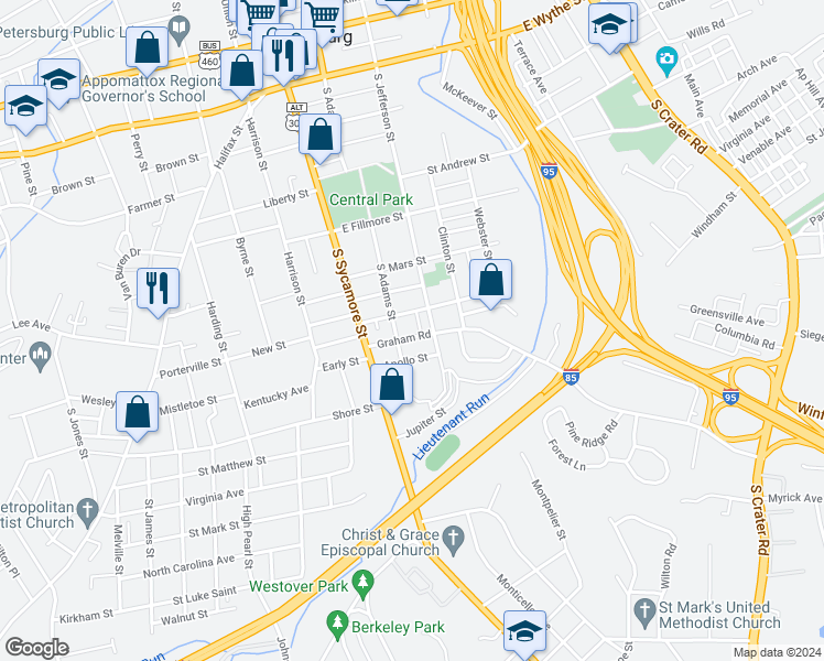 map of restaurants, bars, coffee shops, grocery stores, and more near 117 Graham Road in Petersburg