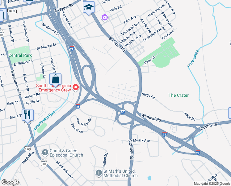 map of restaurants, bars, coffee shops, grocery stores, and more near 526 Columbia Road in Petersburg