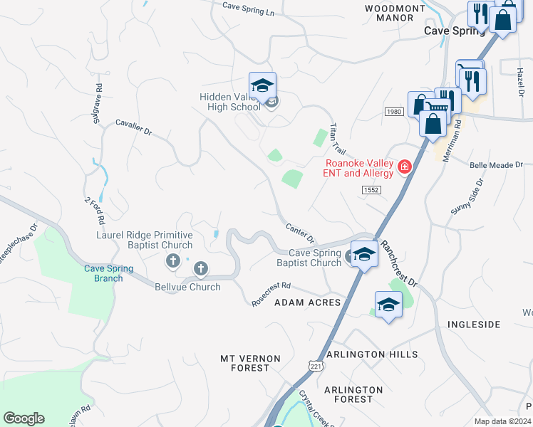 map of restaurants, bars, coffee shops, grocery stores, and more near 5222 Squires Court in Cave Spring