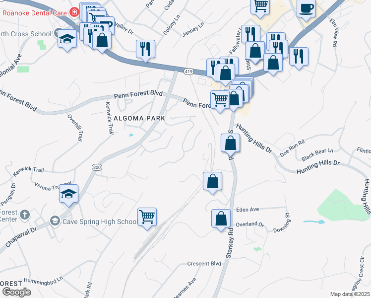 map of restaurants, bars, coffee shops, grocery stores, and more near 3394 Londonderry Lane in Roanoke