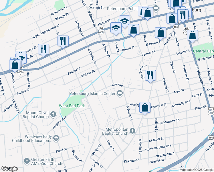 map of restaurants, bars, coffee shops, grocery stores, and more near 829 Lee Avenue in Petersburg