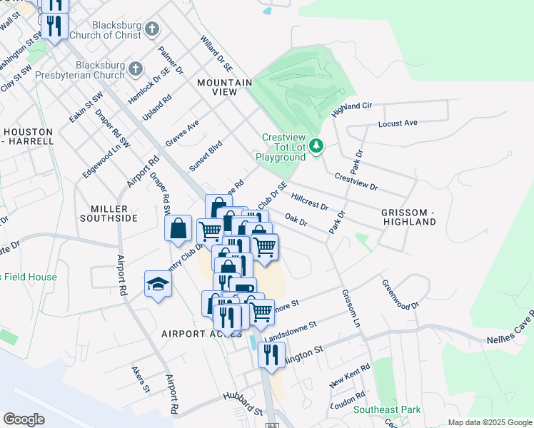 map of restaurants, bars, coffee shops, grocery stores, and more near 1300 Oak Drive in Blacksburg