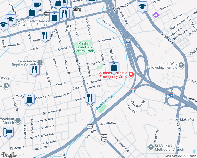 map of restaurants, bars, coffee shops, grocery stores, and more near 214 Mercury Street in Petersburg
